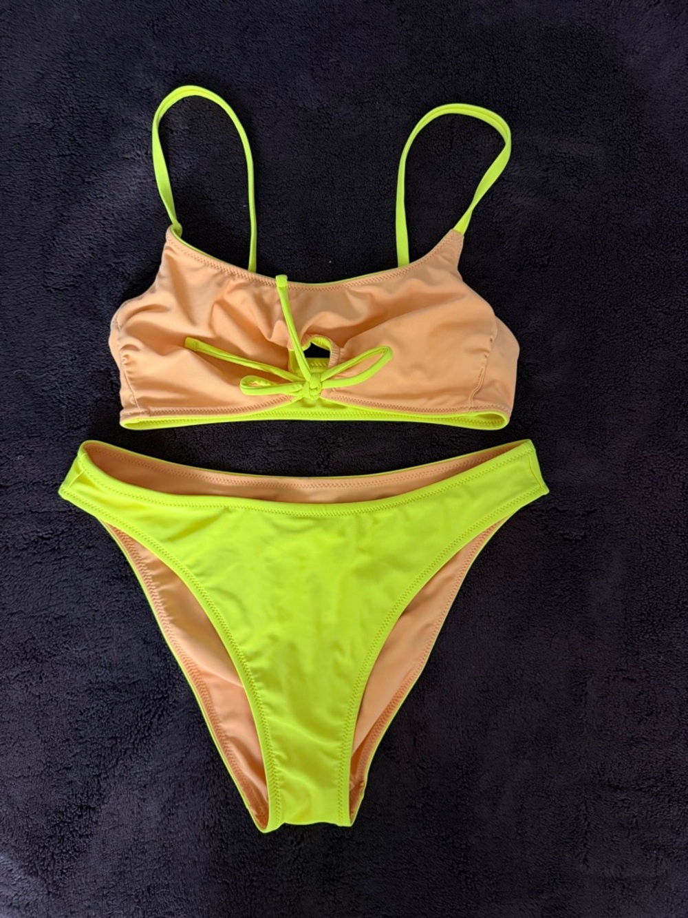 Neon Two-Tone Bikini Set - Peach & Yellow top small bottoms medium